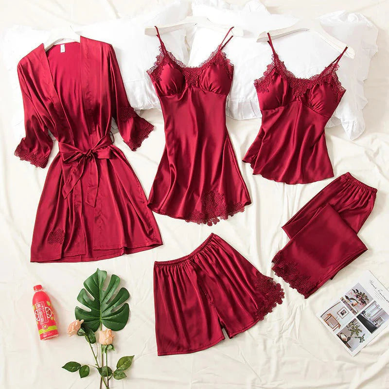 6 Piece Romantic Bridal Night Suit for Women and Girls 100% Premium Silk Set