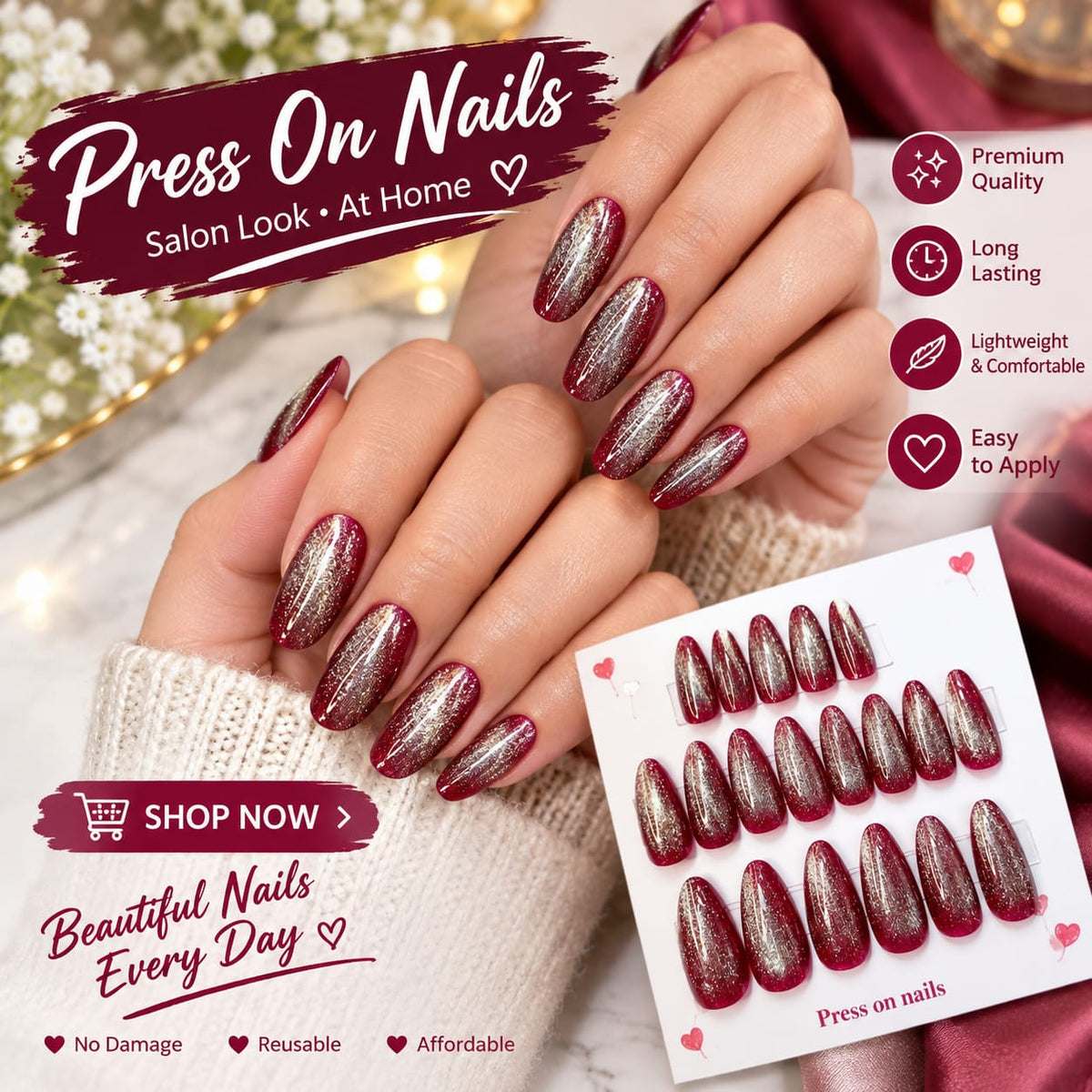 Red cateye high quality Reusable Presson Nails with glue