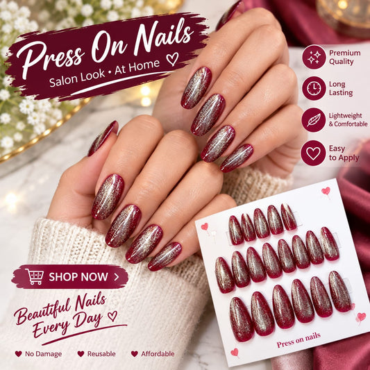 Red cateye high quality Reusable Presson Nails with glue